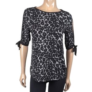 Joe Fresh Leopard Blouse Short Sleeve Slit Tie Black Gray Size Small Top